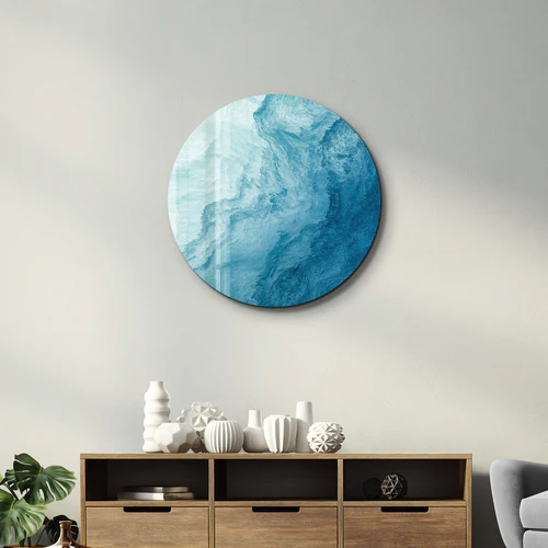 ・"Blue Paint Waves"・Rounded Glass Wall Art - Image 2