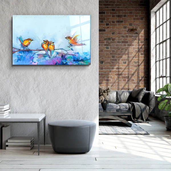 ・"Birds With Flower Painting"・Glass Wall Art - Image 3